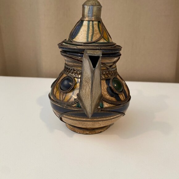 Vintage Moroccan Ceramic Tea Pot – Silver Filigree & Gemstone‎ Accents - Picture 3 of 8